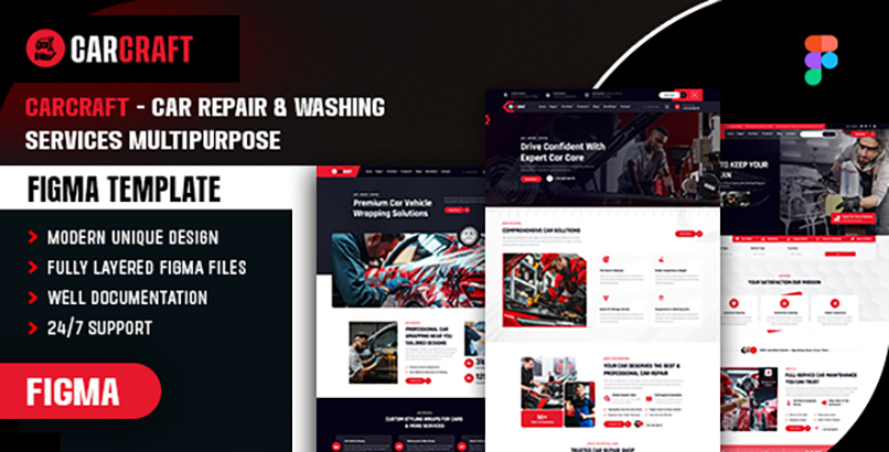 Carcraft - Car Repair & Washing Services multipurpose Figma Template